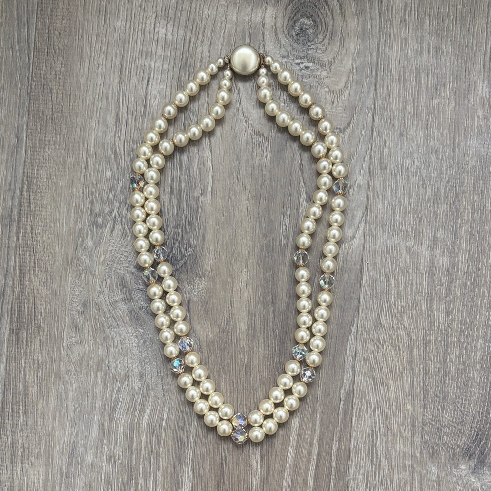 Vintage Classic Ivory Pearl and Crystal Multi-Strand Necklace